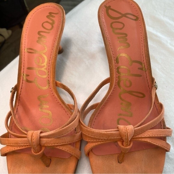 Sam Edelman Jedda Gold Logo Designer Melon Leather Suede Strappy Heels SZ 6 - Picture 10 of 13